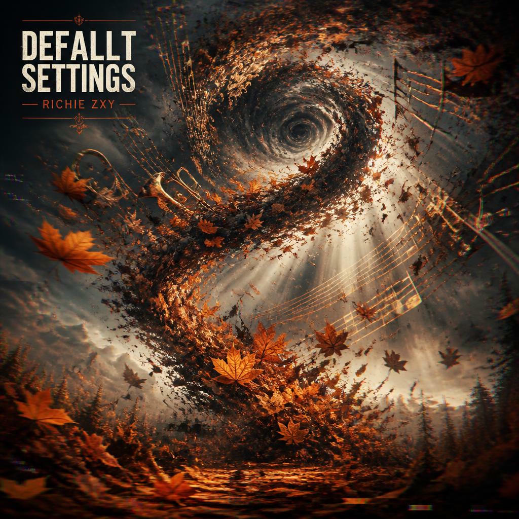 A swirling vortex of orange and brown autumn leaves spirals upward against a dark stormy sky, with a brass trumpet and golden musical staff lines caught in the wind. Silhouettes of evergreen trees line the bottom edge. Title text reads Defallt Settings by Richie Zxy in the upper left corner.